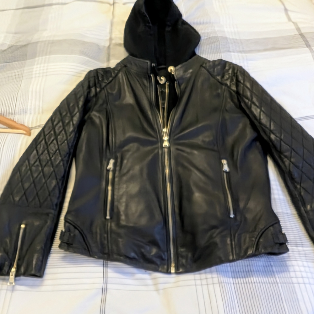 Elegant Black Quilted Leather Jacket with Hood